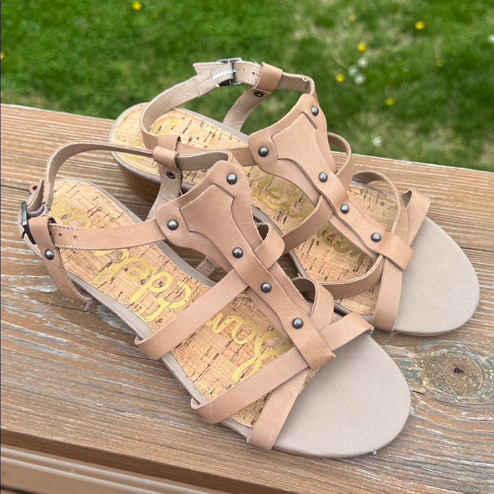 Sam Edelman Angela Natural Low Heel Summer Sandals Tan / Nude Size 8 - Picture 3 of 9
